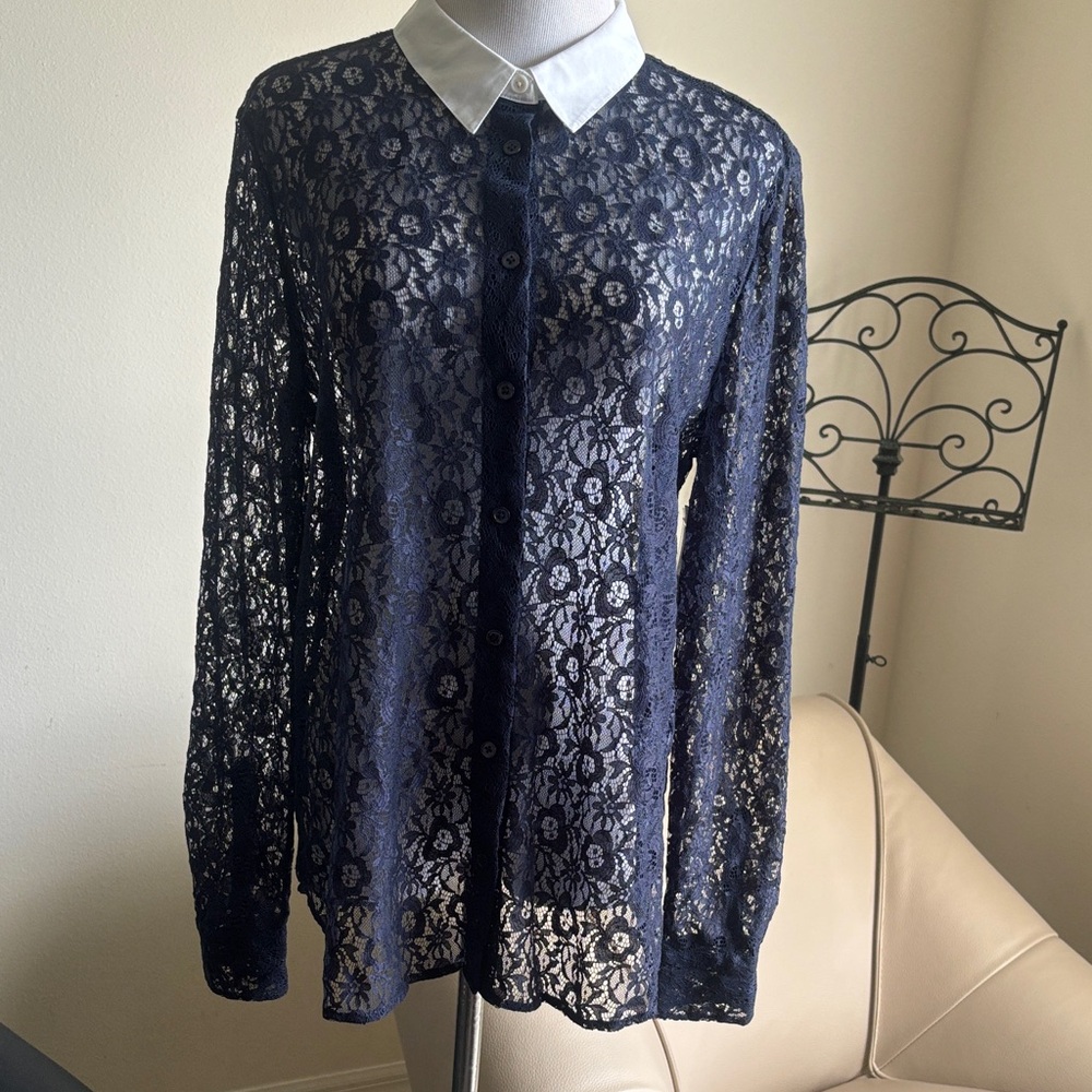 Equipment Navy Lace Button-Up Blouse ( New )